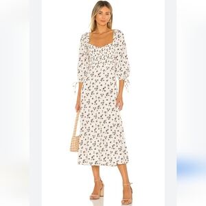 Faithfull the Brand Paola Floral-Print Shirred Midi Dress. White, brown. Boho. S
